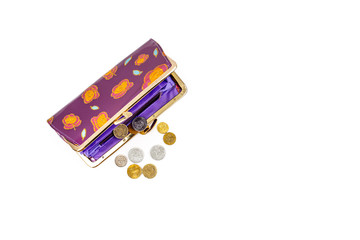 Coins and an open purse on a white background.