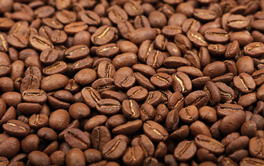 Roasted Arabica coffee beans background high angle