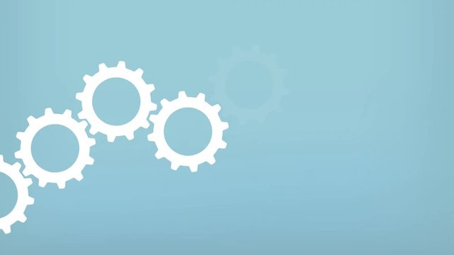 Simple Minimal animation of Cog Wheels, slowly forming a chain. Loop on Blue background. Gears representing Teamwork