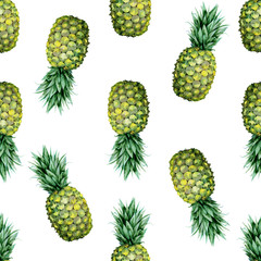 Fototapety  Seamless watercolor fruit illustration of pineapple. Pattern with tropic summertime motif may be used as background texture, wrapping paper, textile or wallpaper design. 