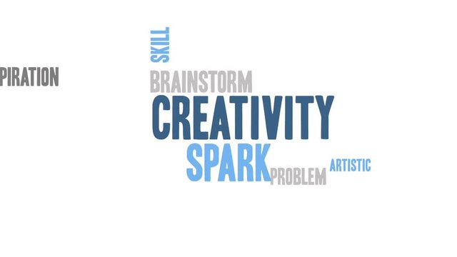 Word Cloud Animation - Creativity and Inspiration. Wordcloud about the creative process, grey, blue, white, minimal movie
