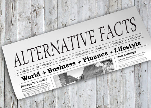 Alternative Facts Newspaper on wooden background, Fake News Press Release