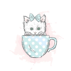 Cute kitten in a cup. Vector illustration.