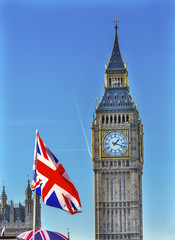 Fototapeta na wymiar Big Ben Tower British Flag Houses of Parliament Westminster London England