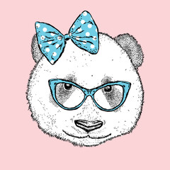 Cute Panda with glasses and a bow. Vector illustration.