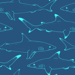 Seamless pattern with vector shark hand drawn illustration with wild sea animal. Sea life sketch with predator dangerous fish. Coloring book illustration