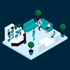 Set Trendy isometric people. Medical staff, hospital, doctor, surgeon, nurse, patients reception in the lobby, isolated on a blue background. Vector illustration