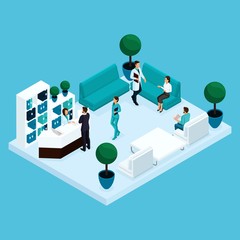 Set Trendy isometric people. Medical staff, hospital, doctor, surgeon, nurse, patients reception in the lobby, isolated on a light background. Vector illustration