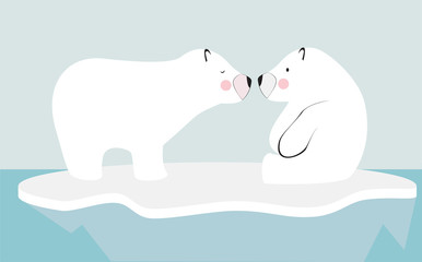 Cute polar bear couple kissing on iceberg vector. Child drawings style illustration.