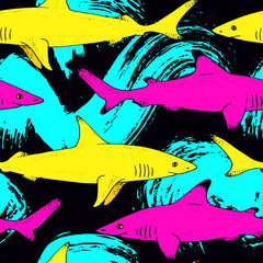 Naklejka premium Seamless pattern with vector shark hand drawn illustration with wild sea animal. Sea life sketch with predator dangerous fish and watercolor paint splash