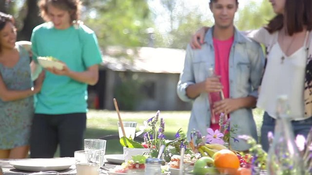 Friends gathering for picnic brunch