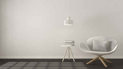 Scandinavian minimalistic background, white armchair with table and pendant lamp on herringbone natural parquet flooring, interior design