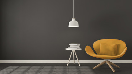 Scandinavian minimalistic background, orange armchair with table and pendant lamp on herringbone natural parquet flooring, interior design