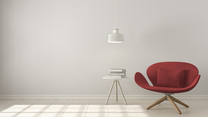 Scandinavian minimalistic background, red armchair with table and pendant lamp on herringbone natural parquet flooring, interior design