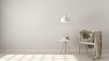 Scandinavian white background, with table and pendant lamp on herringbone natural parquet flooring, interior design