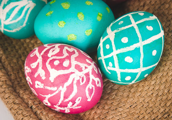 Arrangement of beautiful Easter eggs. Handmade . A festive moo

