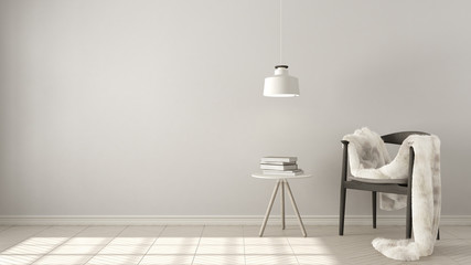 Scandinavian white background, with table and pendant lamp on herringbone natural parquet flooring, interior design