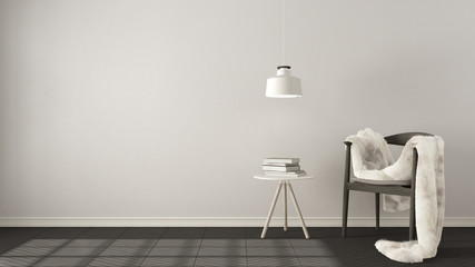 Scandinavian white and gray background, with table and pendant lamp on herringbone natural parquet flooring, interior design