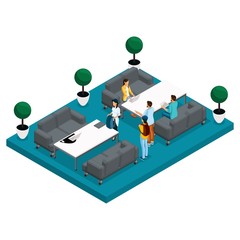 Isometric concept of coworking center. 3D people talking, meeting, working in an open office space. Creative people, freelancers work isolated background