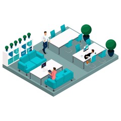 Isometric concept of coworking center. 3D people talking, meeting, working in an open office space for an office desk in a modern technique. Creative people