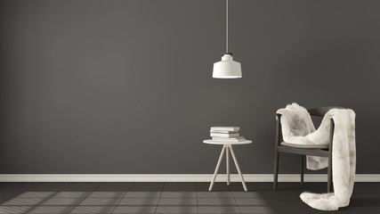 Scandinavian gray background, with table and pendant lamp on herringbone natural parquet flooring, interior design