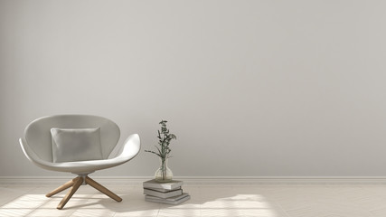 Scandinavian minimalistic background, with white armchair on herringbone natural parquet flooring, interior design