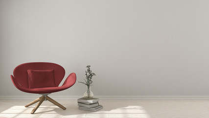 Scandinavian minimalistic background, with red armchair on herringbone natural parquet flooring, interior design