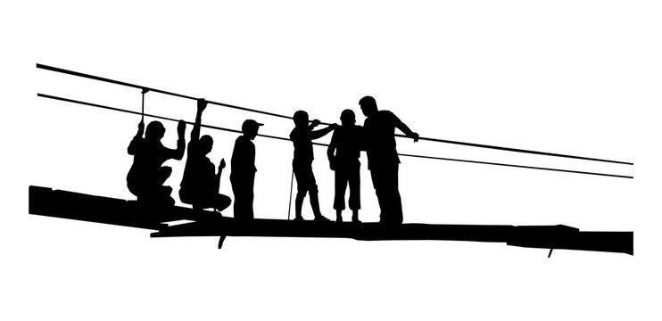 Silhouette Of Father With Children In Broken Rope Bridge.