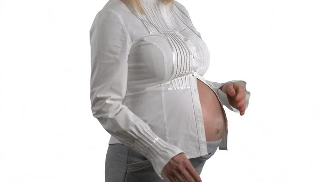 Close up of pregnant woman stroking her belly on white background. 4k footage PNG with alpha channel