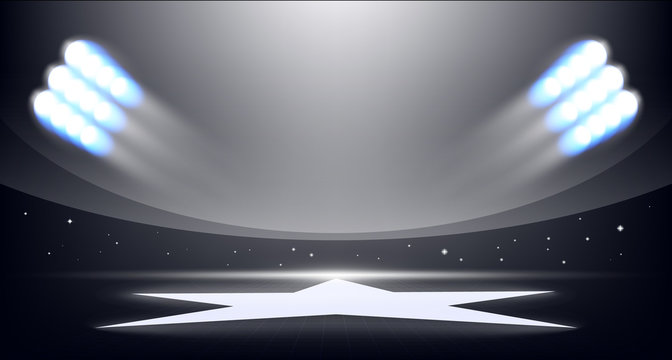Sport background of stadium with lights of projectors and a star in a field.