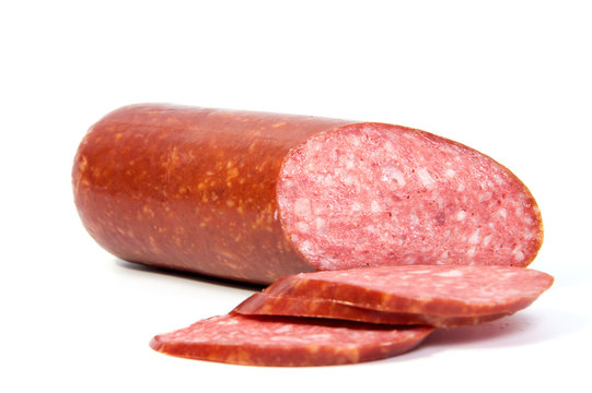 Salami smoked sausage slices isolated on white background cutout