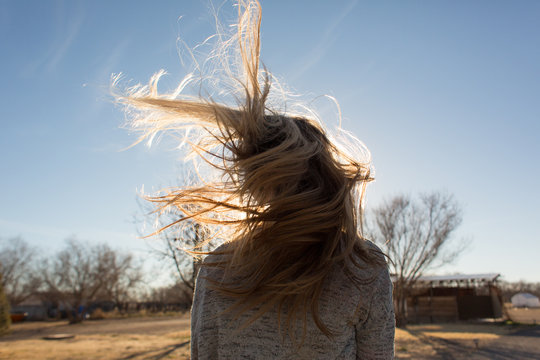 Rear view of woman with windswept hair