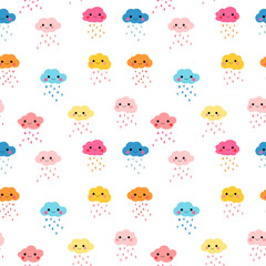 Seamless pattern background with colorful rainy clouds with smiles
