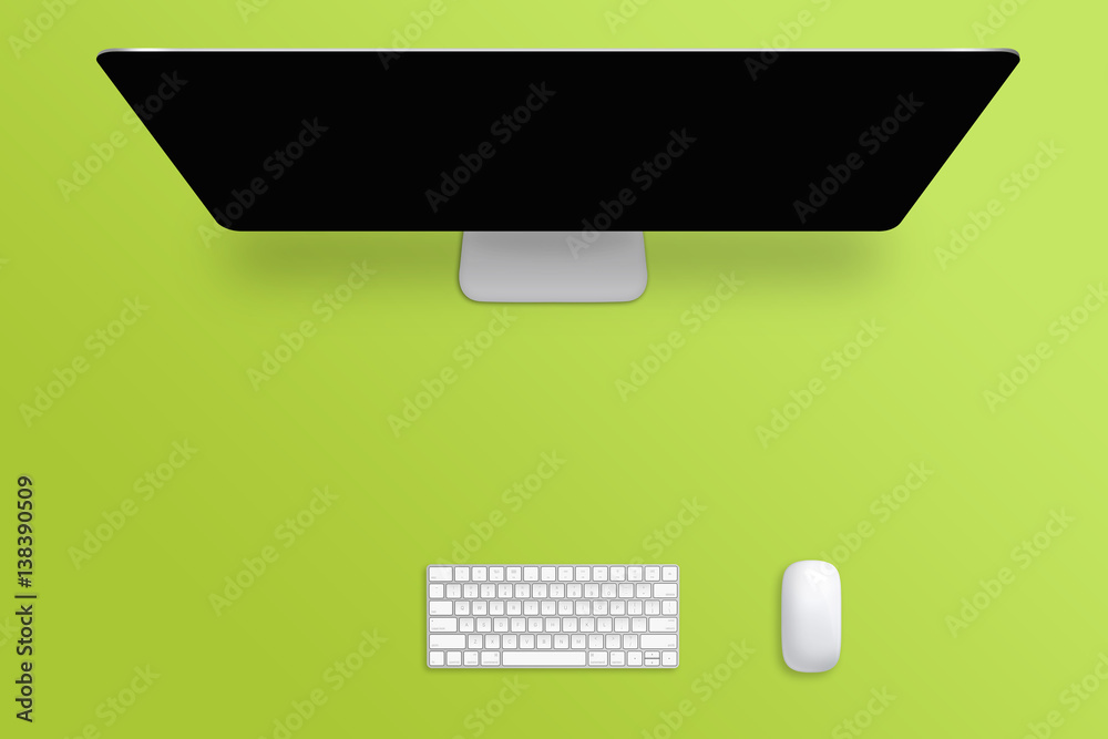 Poster Computer display, keyboard and mouse on empty green work desk. Free space for text. Blank screen for mockup.