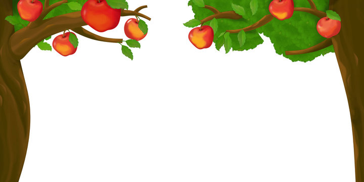 cartoon scene with apple tree on white background