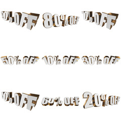 Percents off letters on white background. 3d render isolated.
