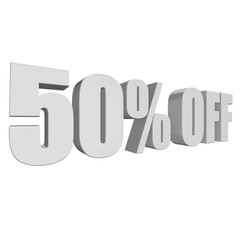 50 percent off letters on white background. 3d render isolated.