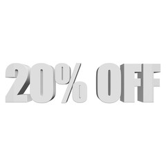 20 percent off letters on white background. 3d render isolated.