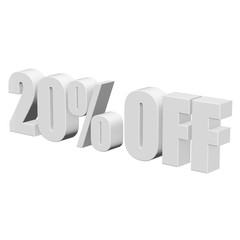 20 percent off letters on white background. 3d render isolated.