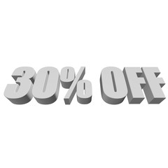 30 percent off letters on white background. 3d render isolated.