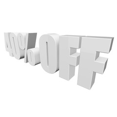 40 percent off letters on white background. 3d render isolated.