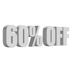 60 percent off letters on white background. 3d render isolated.
