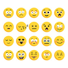 Big set of 20 high quality vector cartoonish emoticons, in flat design style. Funny different style design