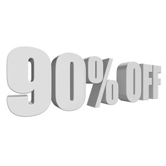 90 percent off letters on white background. 3d render isolated.