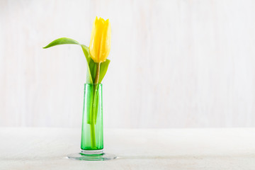 Single fresh tulip in a glass vase on a wooden table.