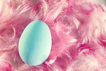 Pastel Easter egg lying on feathers
