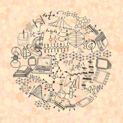 Obraz premium Science seamless pattern with sketch elements. Vector background with decorative formulas and graphs. Hand drawn.