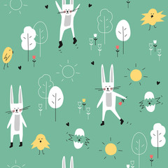 Forest animals vector seamless pattern. Spring and easter cartoon background with rabbit, chick, tree, flower, sun. Cute childish flat illustration - 138393728