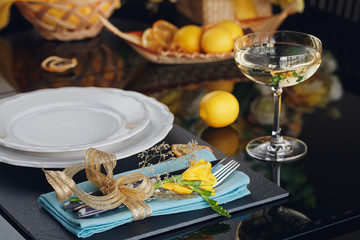 Table place setting with holidays decoration.