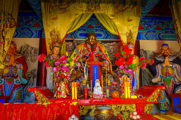 BEIJING, CHINA - 29 JANUARY, 2017: Walking around on the impressive great wall, small temples, statues and shops around, beautiful sunny day, located at Juyong tourist site